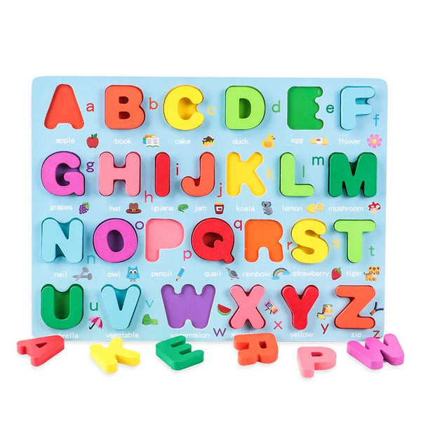 A wooden alphabet puzzle board showing uppercase and lowercase letters A through Z in various colors.