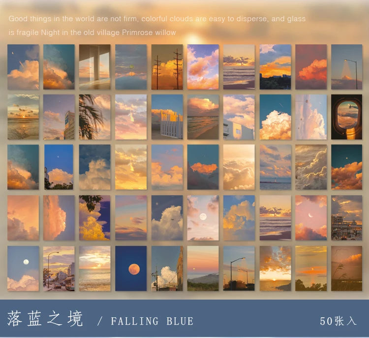 A collection of 50 aesthetic landscape designs featuring colorful clouds, sunsets, and nature scenes for sticker books.