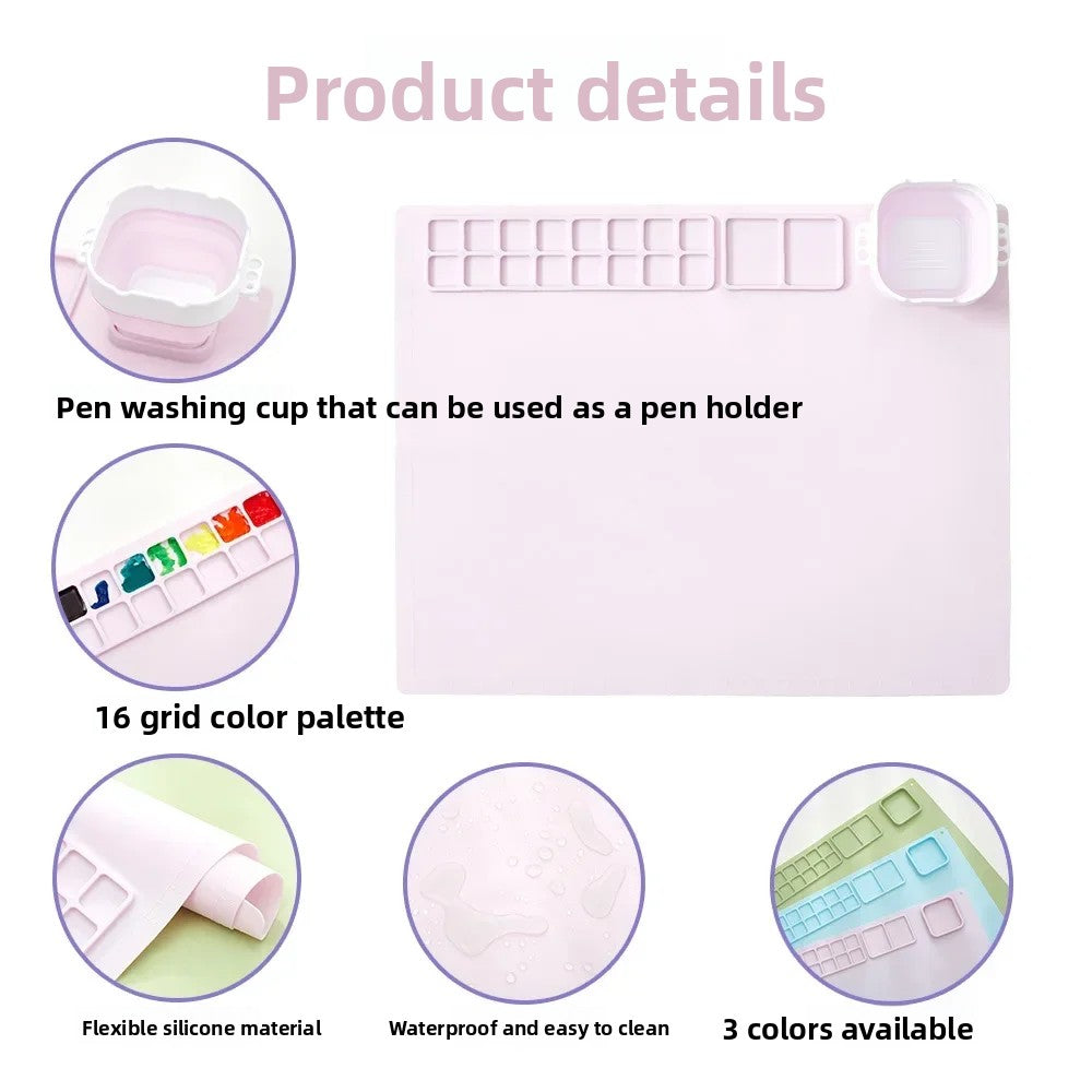 Pink silicone painting mat set with a grid color palette and flexible material for kids