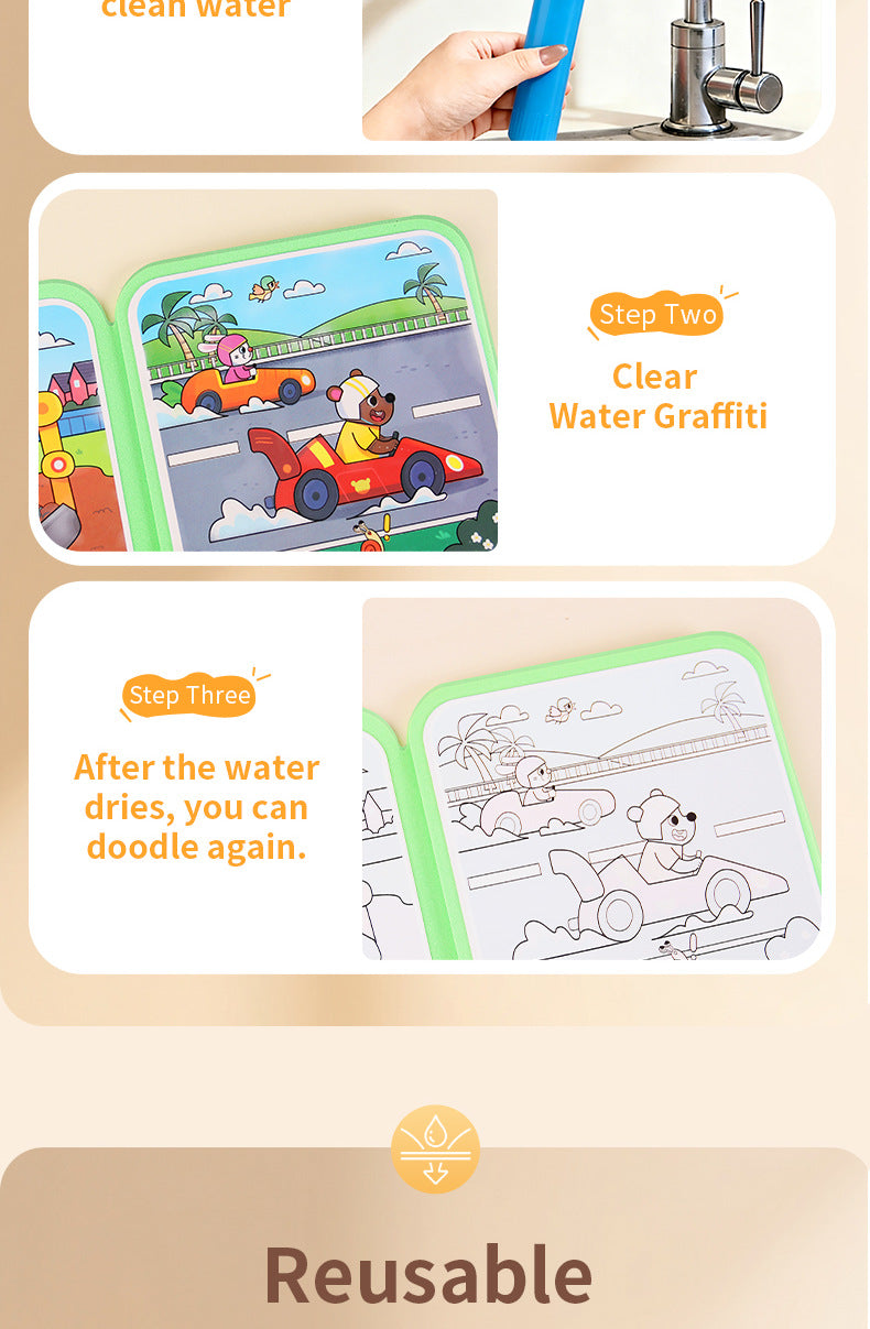A step-by-step guide showing how to use a reusable magic water drawing book for kids.