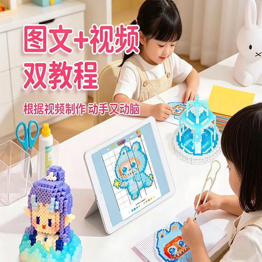 A child is crafting a Perler bead figure on a tablet, surrounded by various colorful beads and craft supplies.