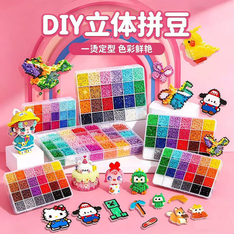 A DIY Perler beads craft kit showing various colorful finished items and bead palettes.