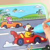 A child is drawing a scene of a road with cars and palm trees in a reusable magic water drawing book.