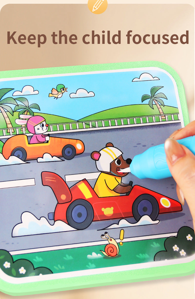 A child is drawing a scene of a road with cars and palm trees in a reusable magic water drawing book.