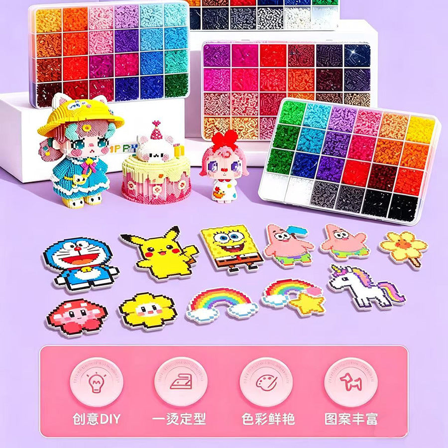 A colorful Perler beads craft kit featuring various designs including animals, food items, and characters.