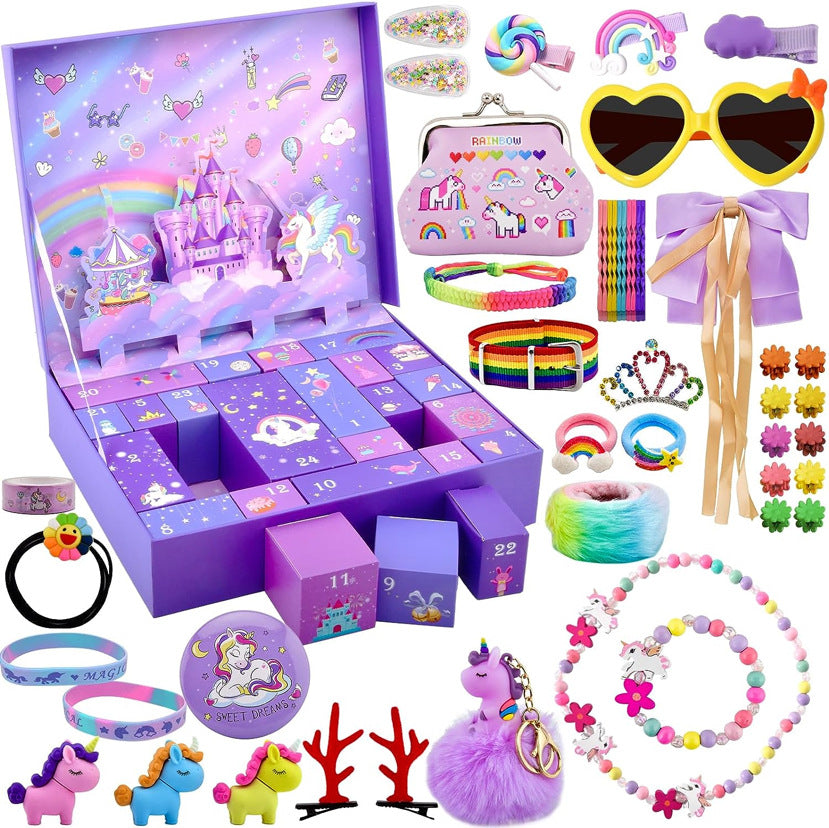 A purple advent calendar box filled with various mermaid-themed jewelry, including necklaces, earrings, and bracelets.