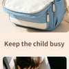 A light blue reusable magic water drawing book bag with a clear window and a padded compartment for kids.