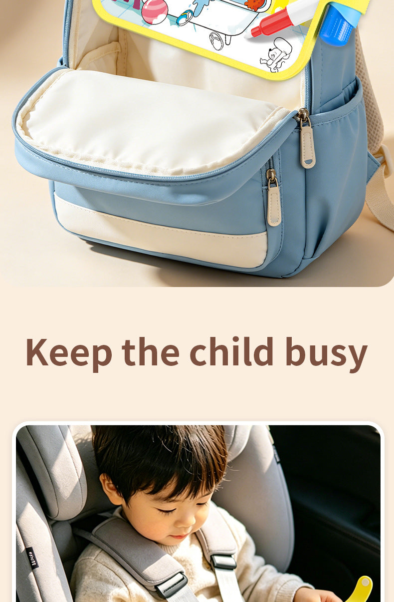 A light blue reusable magic water drawing book bag with a clear window and a padded compartment for kids.