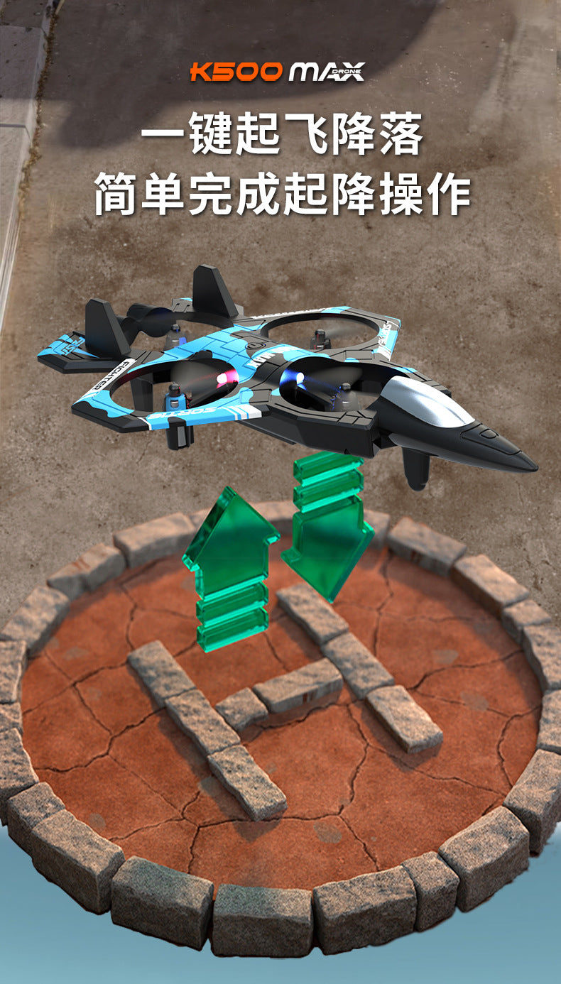 A black and blue stunt glider is shown above a circular base, illustrating the simple operation of a 360° roll maneuver.