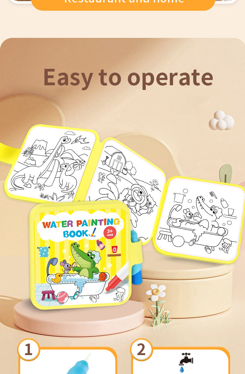 A yellow water painting book for kids featuring dinosaurs and other animals, shown in a close-up on a light background.