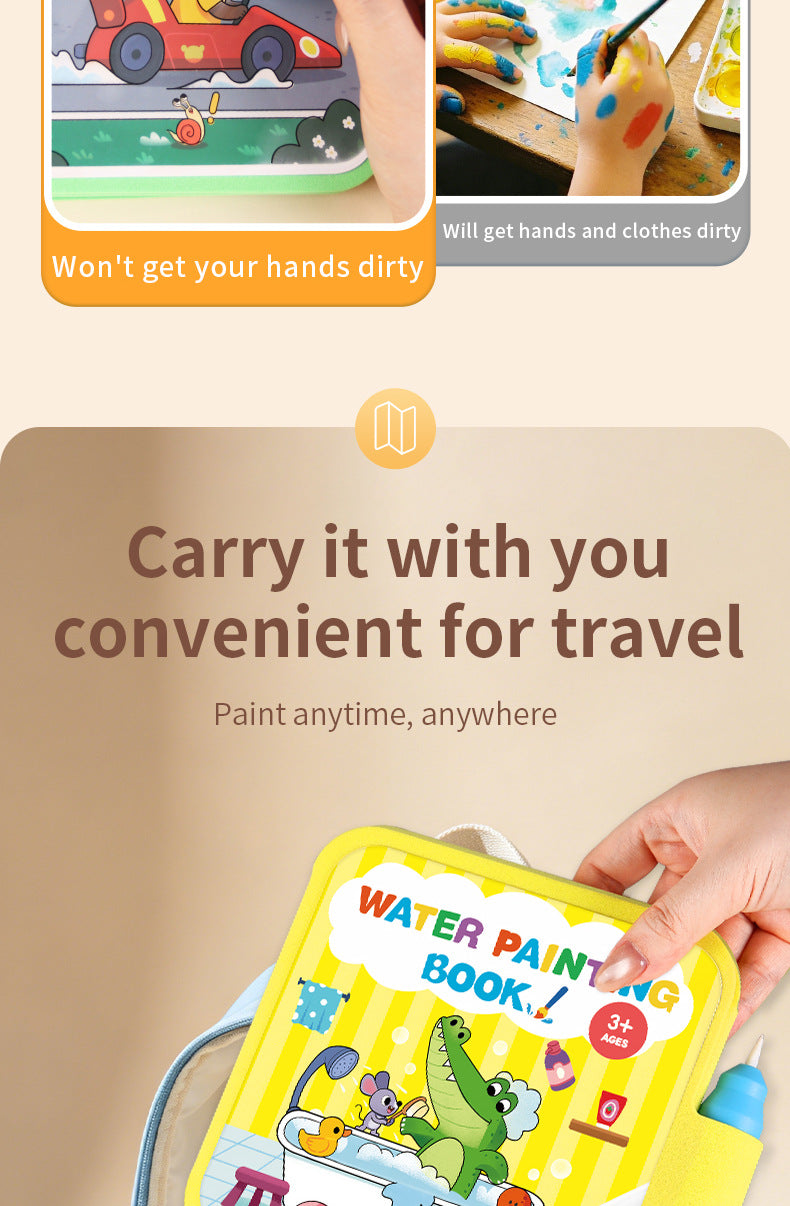 A yellow reusable magic water painting book open, showing a dinosaur and other elements for kids.