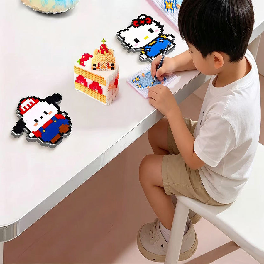 A young boy is crafting a Perler bead figure, demonstrating the use of colorful plastic beads on a white table.