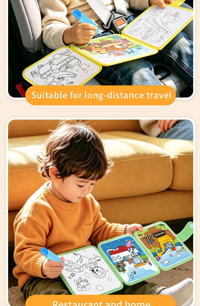 A child is drawing on a reusable magic water drawing book while traveling.