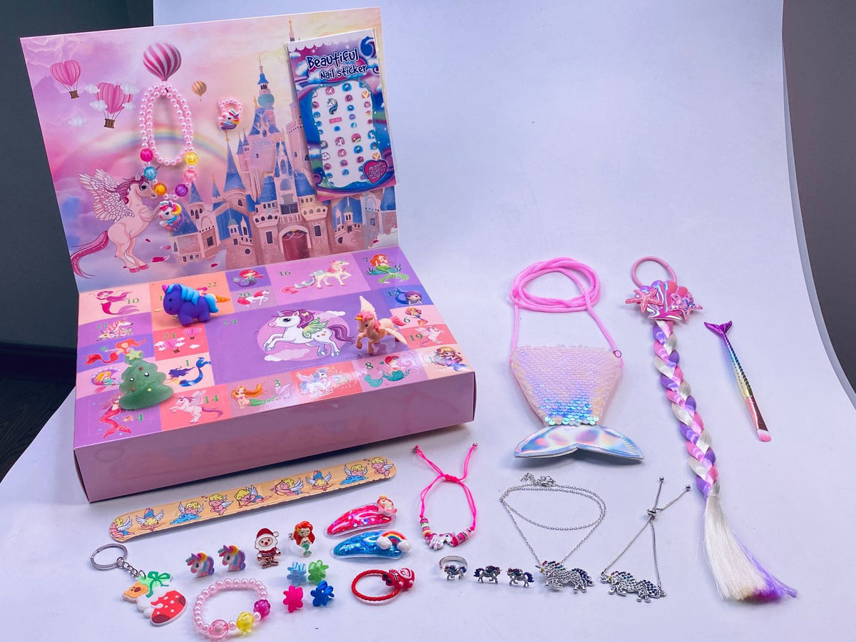 A box of mermaid jewelry featuring various necklaces, earrings, and charms for a 24-day countdown gift box.