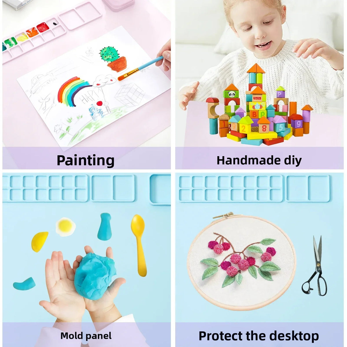 A set of kids washable silicone painting mats, a watercolor palette, and tools for creative painting activities.