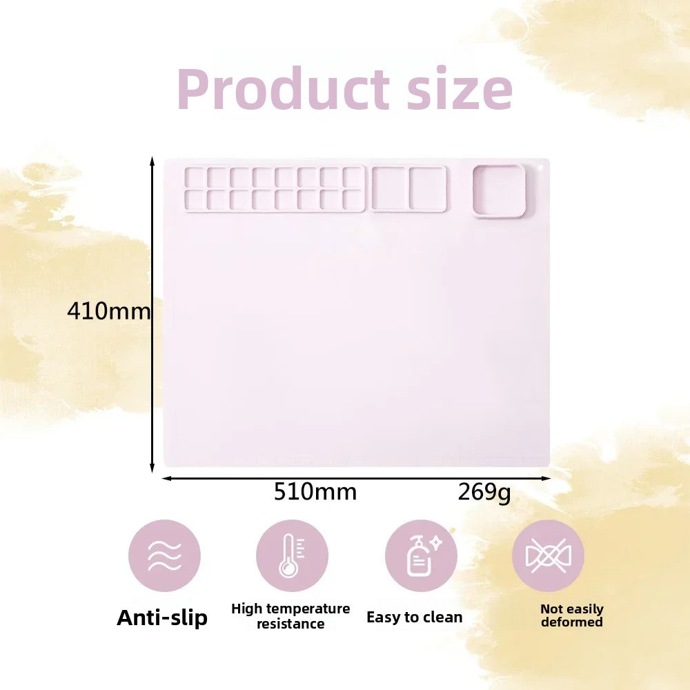 A pink silicone painting mat set showing the product size and features including anti-slip, high temperature resistance, easy