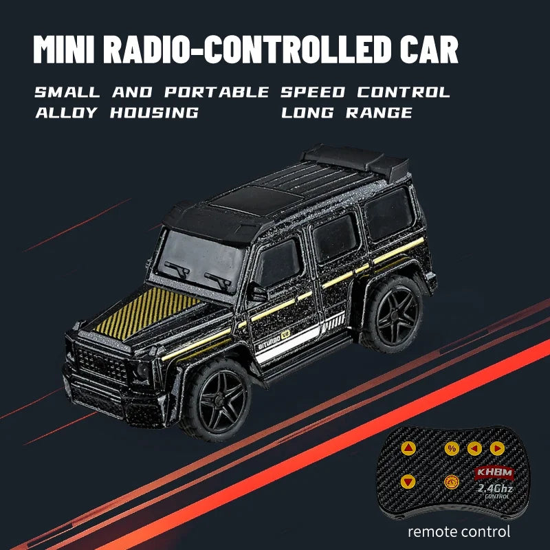 A black mini radio-controlled car with alloy housing is shown on a dark background, next to its remote control.