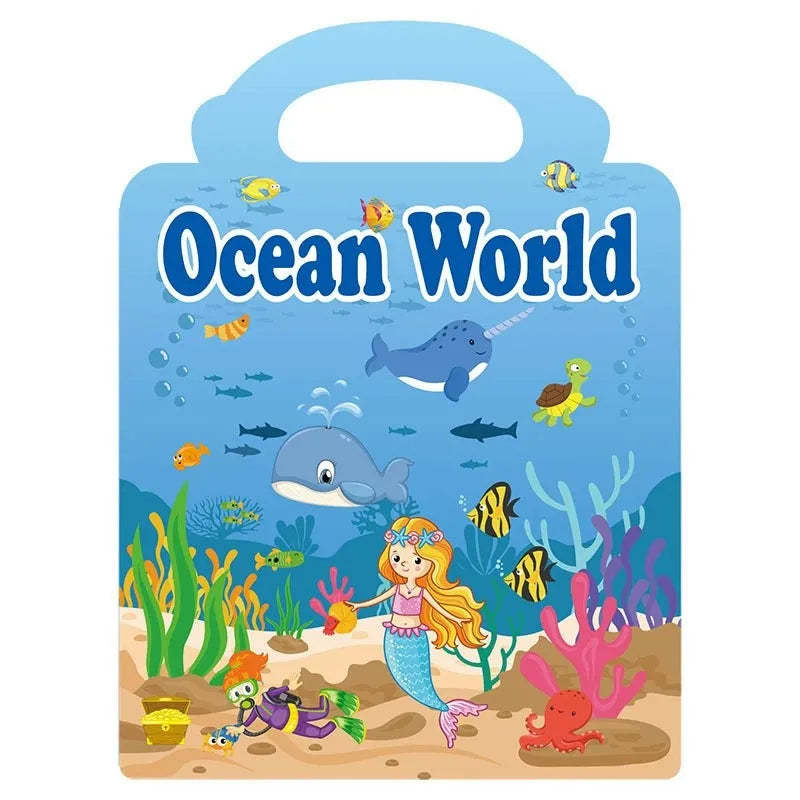 A colorful sticker book featuring an underwater scene with sea creatures and puzzles for kids.