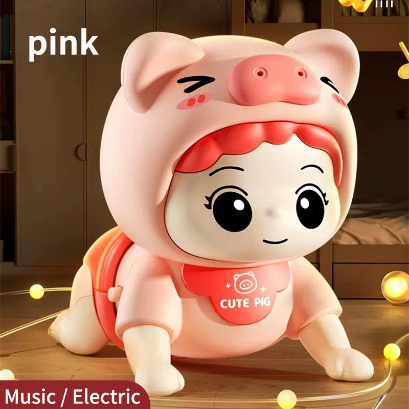 A pink pig-shaped interactive baby crawling toy with light features sitting on a wooden surface.