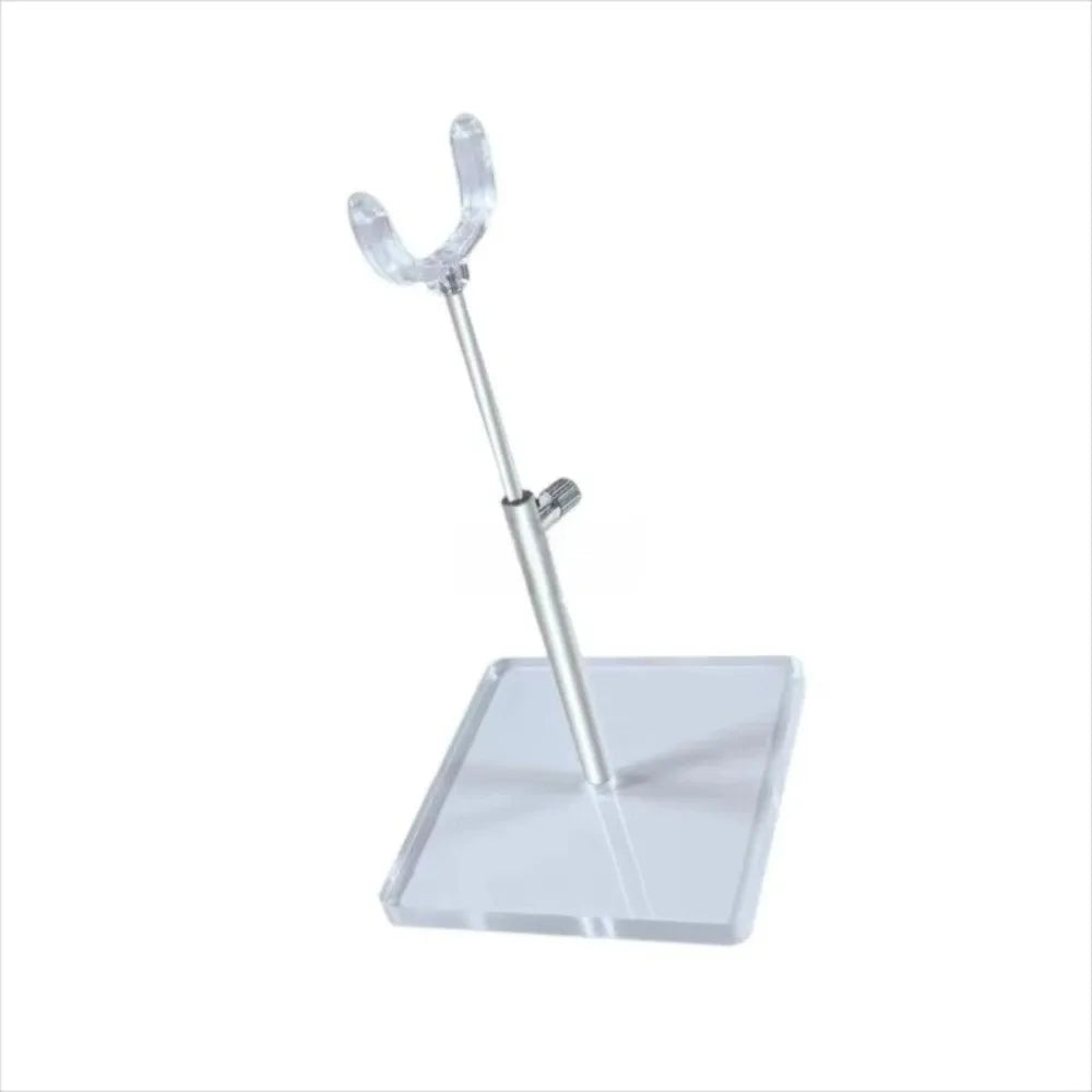 A clear adjustable doll display stand with a curved holder and a square base.