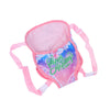 Pink mini backpack featuring a sparkly purple and blue design for dolls