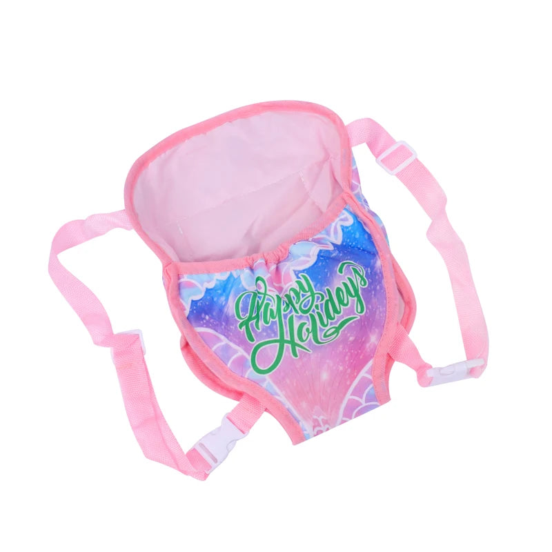 Pink mini backpack featuring a sparkly purple and blue design for dolls