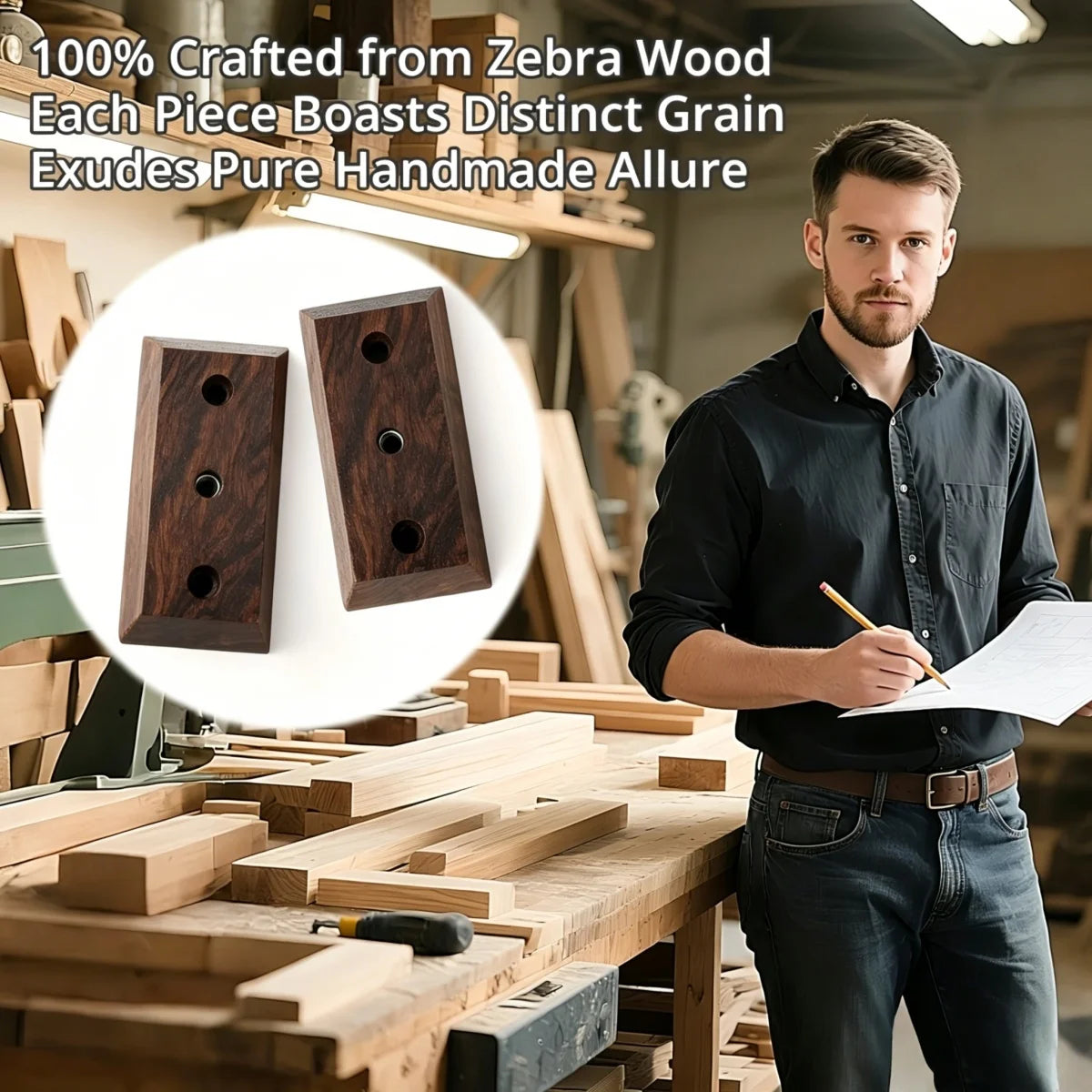 A man is working on a wooden surface in a workshop, holding a pencil and writing on paper.