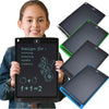 A girl holds a black LCD writing tablet with a drawing on the screen, surrounded by stacked tablets.