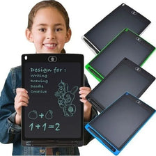 A girl holds a black LCD writing tablet with a drawing on the screen, surrounded by stacked tablets.