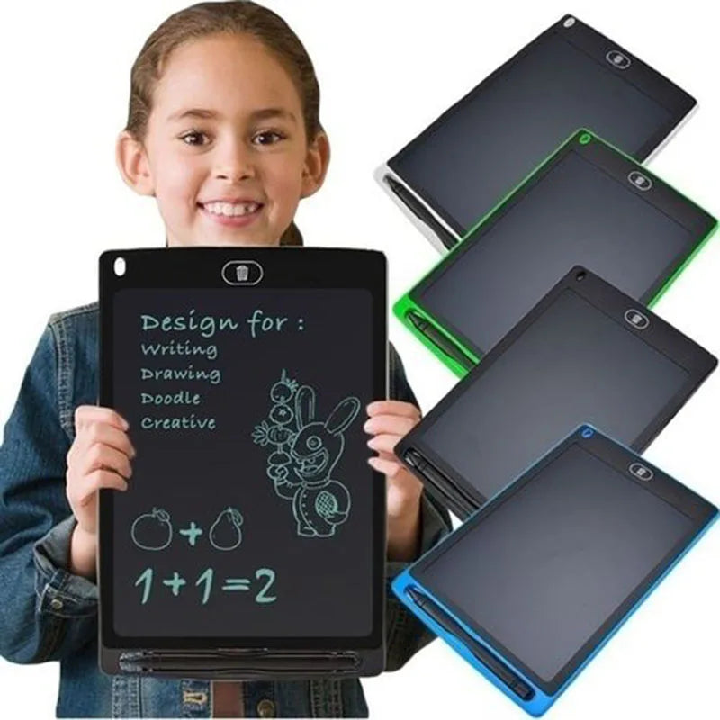 A girl holds a black LCD writing tablet with a drawing on the screen, surrounded by stacked tablets.