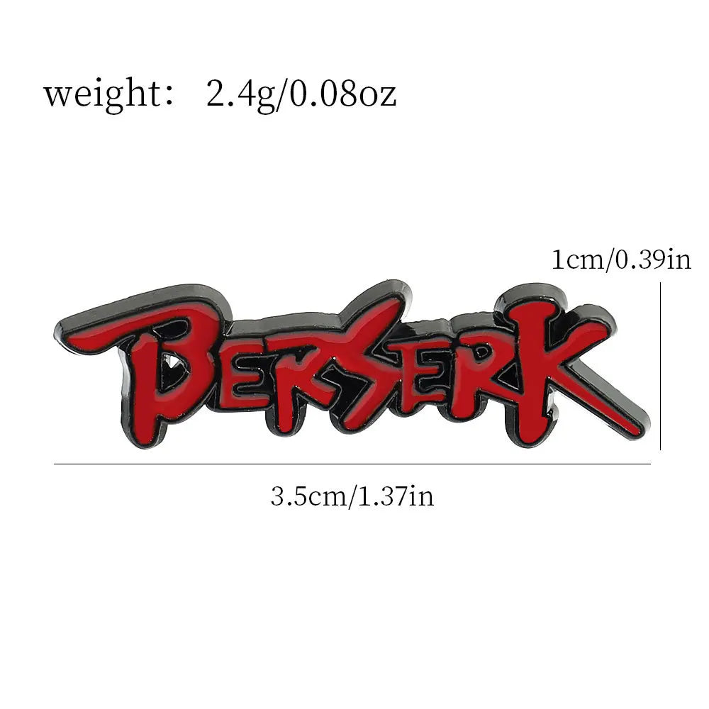 A red enamel lapel pin shaped like the word Berserk with weight 2.4g/0.08oz.