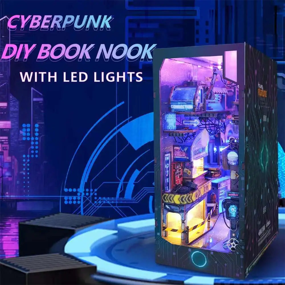 A DIY book nook kit with LED lights set up in a futuristic cyberpunk city scene.