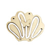 A wooden Montessori busy board shaped like a seashell with an embossed butterfly detail.
