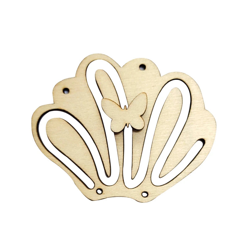 A wooden Montessori busy board shaped like a seashell with an embossed butterfly detail.