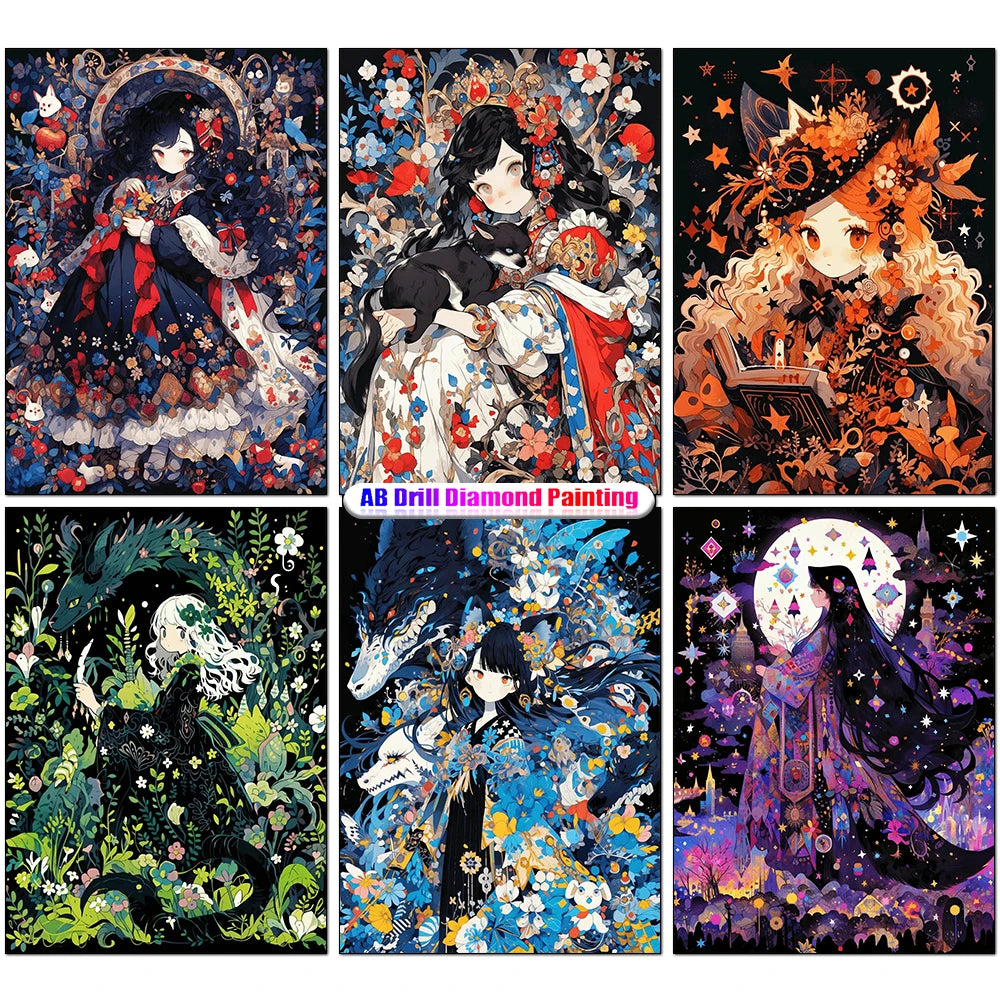 A collection of nine diamond painting panels featuring a moon girl character in various poses and styles.