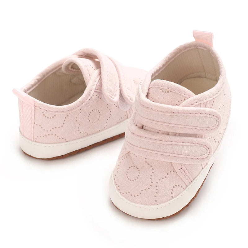 Pink baby first walkers with soft sole and perforated fabric