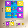 A rectangular Tic Tac Toe board game featuring magnetic pieces in purple, yellow, and green on a blue background.