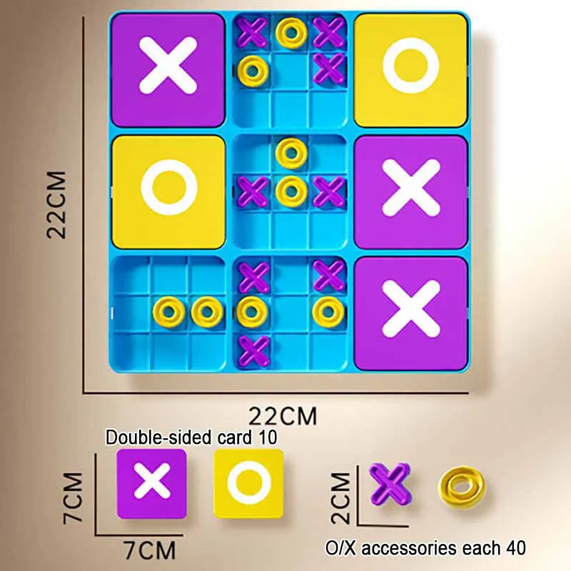 A rectangular Tic Tac Toe board game featuring magnetic pieces in purple, yellow, and green on a blue background.