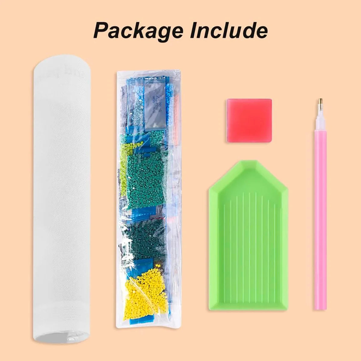 A package includes a roll of white material, a plastic bag with colored beads, a green mold, and a pink pen.