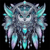 A detailed painting of an owl face surrounded by feathers and a circular frame, featuring iridescent teal and silver tones.