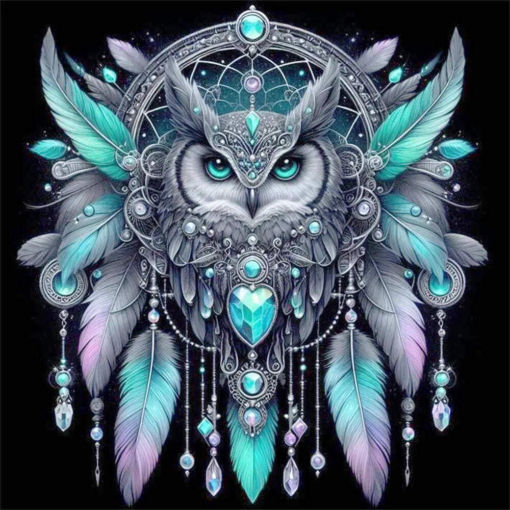 A detailed painting of an owl face surrounded by feathers and a circular frame, featuring iridescent teal and silver tones.