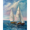 Oil painting depicting a sailboat with white sails on the water under a cloudy sky.