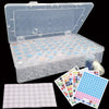 Clear diamond painting bead storage case with numbered bottles and labels displayed open with loose beads nearby.