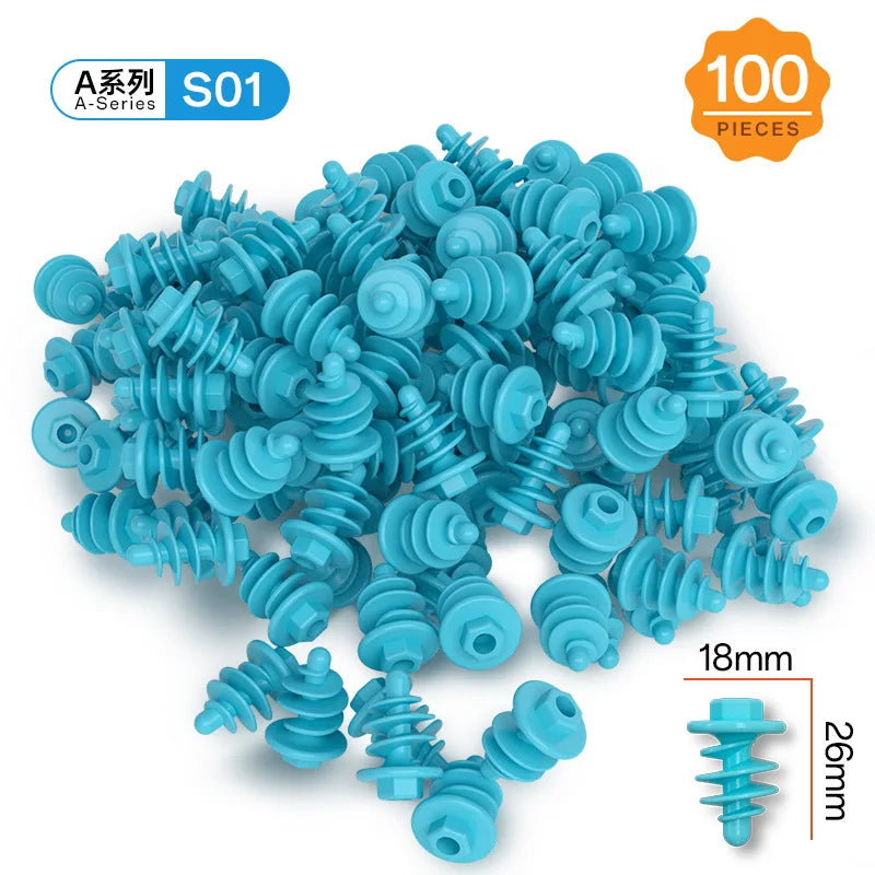 A pile of blue metal spiral screws and bolts, labeled A-Series S01.