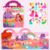 A colorful sticker book for kids featuring princess characters, castles, and various scenes on a pink background.
