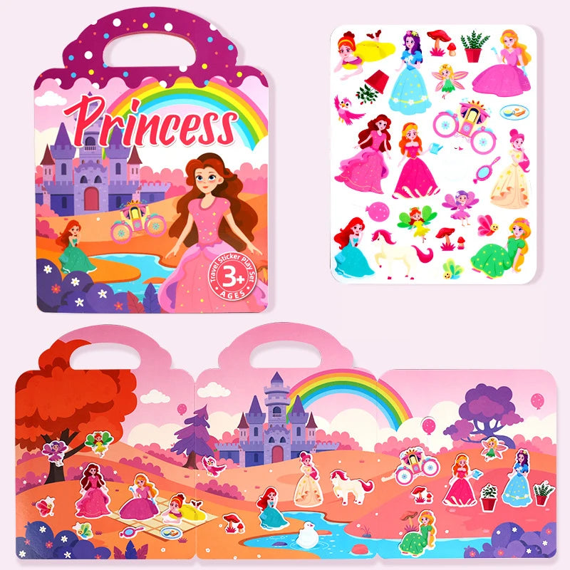 A colorful sticker book for kids featuring princess characters, castles, and various scenes on a pink background.