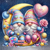 A diamond painting kit featuring a bearded man in a wizard hat surrounded by flowers and stars on a yellow crescent moon.