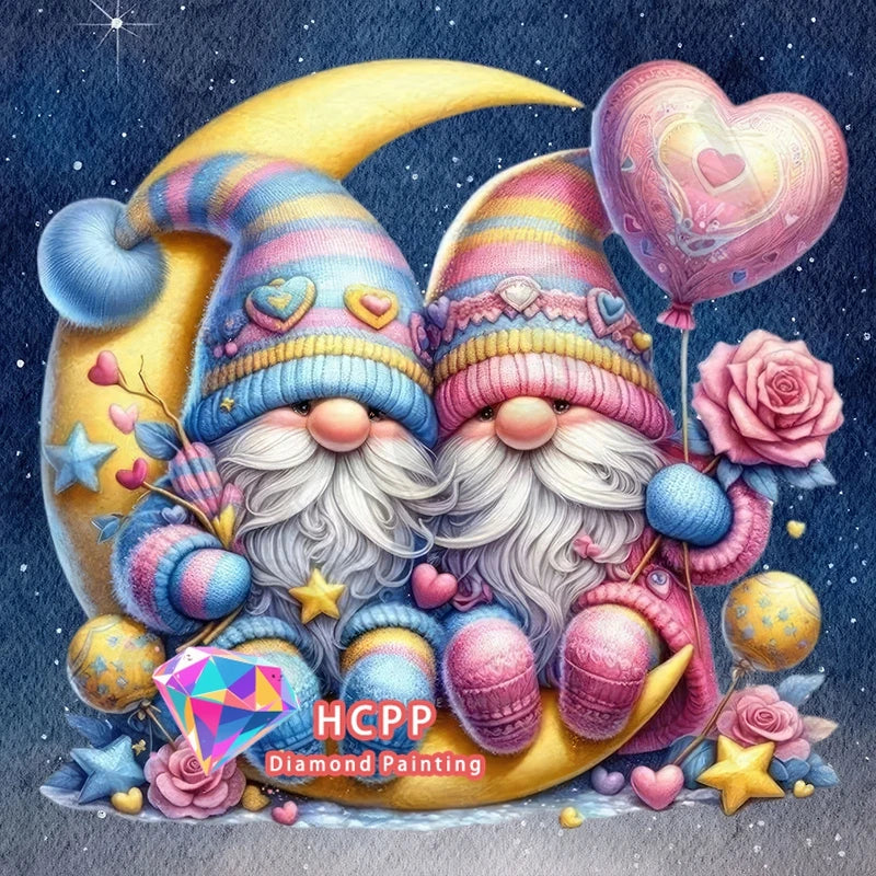 A diamond painting kit featuring a bearded man in a wizard hat surrounded by flowers and stars on a yellow crescent moon.