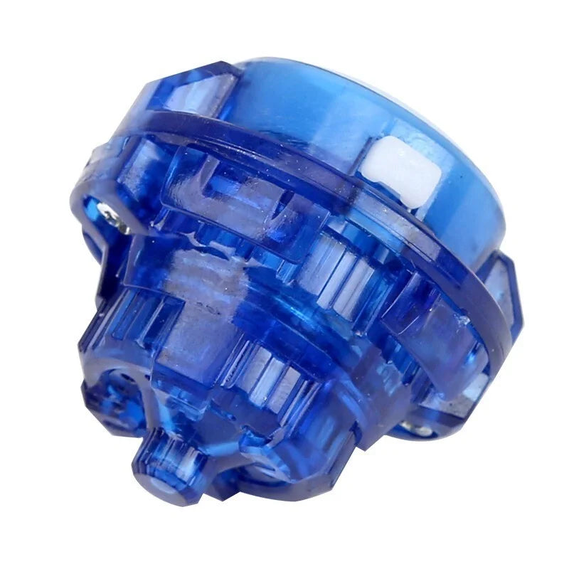 A close-up view of a blue plastic gyro driver for spinning tops.