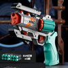 A gray and orange foam bullet toy pistol with a green grip is shown in a close-up view.